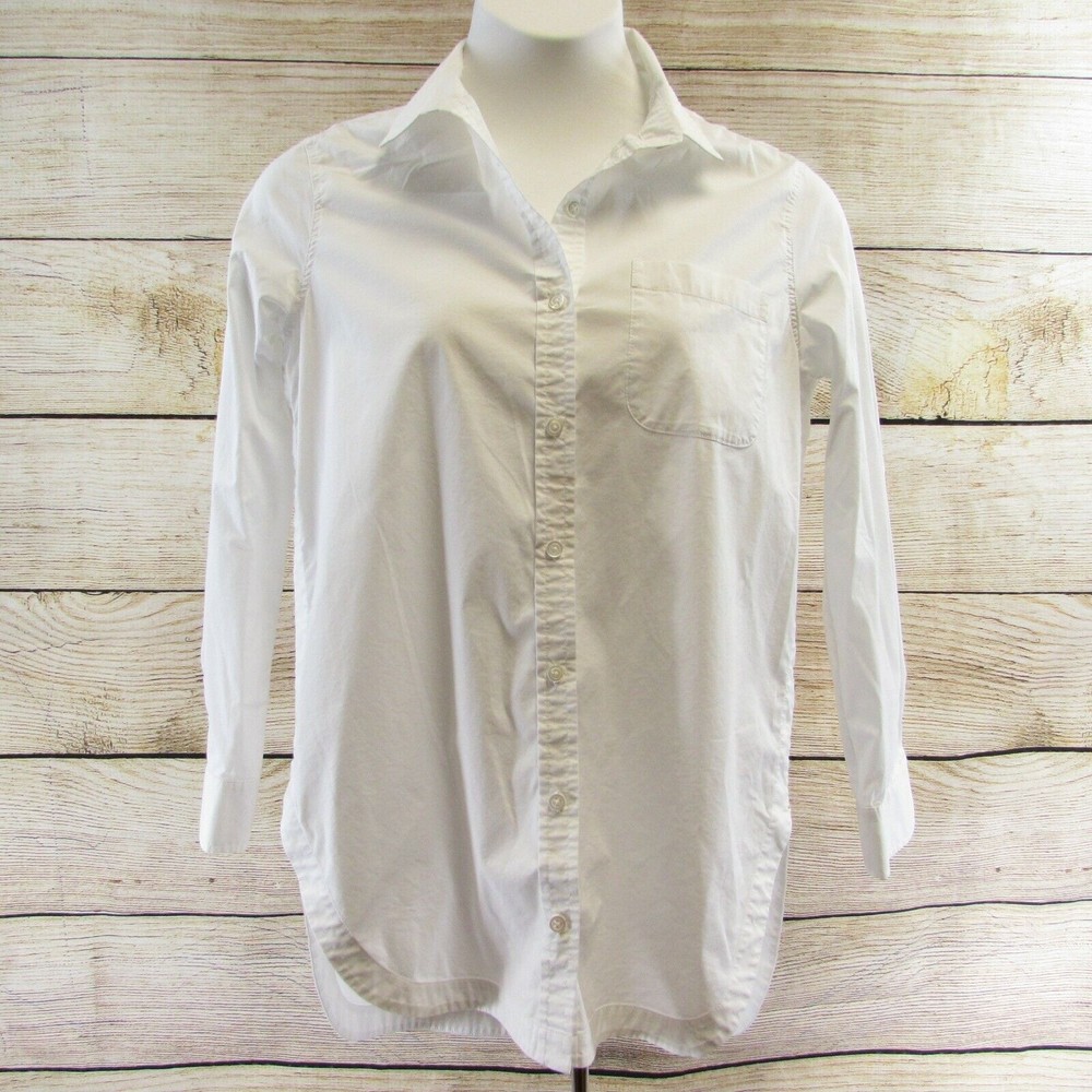 Athleta White Top Size M Button Front Collared Long Sleeves Pockets Side Slits